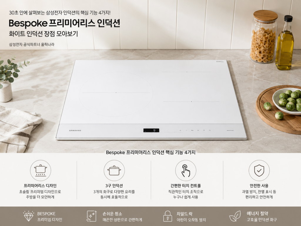 삼성전자 비스포크 프리미어리스 인덕션 3구 빌트인 화이트 CC80F63W1Z 제품 이미지