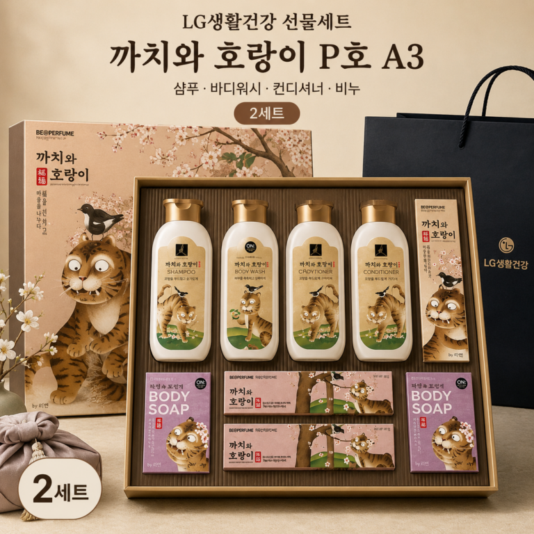 LG생활건강 선물세트 까치와 호랑이 P호 A3 샴푸 바디워시 컨디셔너 비누 2세트