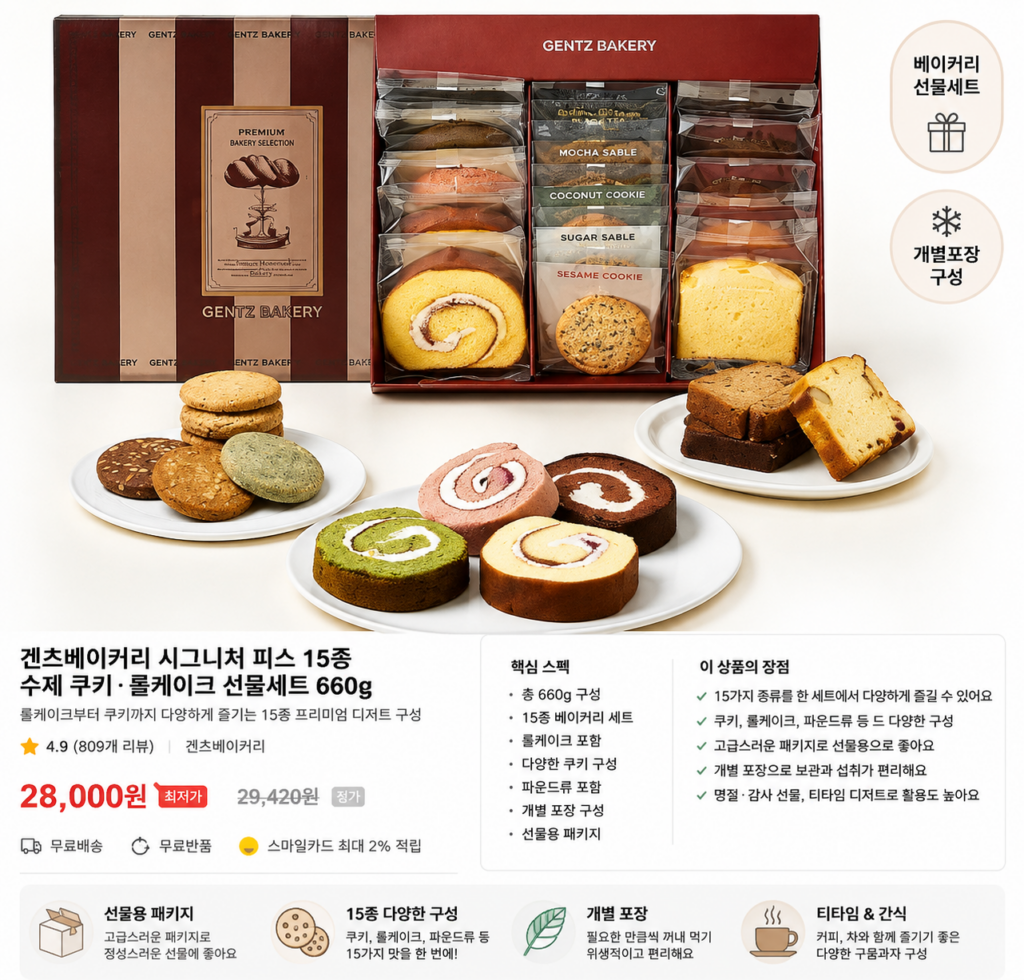 겐츠베이커리 시그니처 피스 15종 수제 쿠키·롤케이크 선물세트 660g 제품 이미지