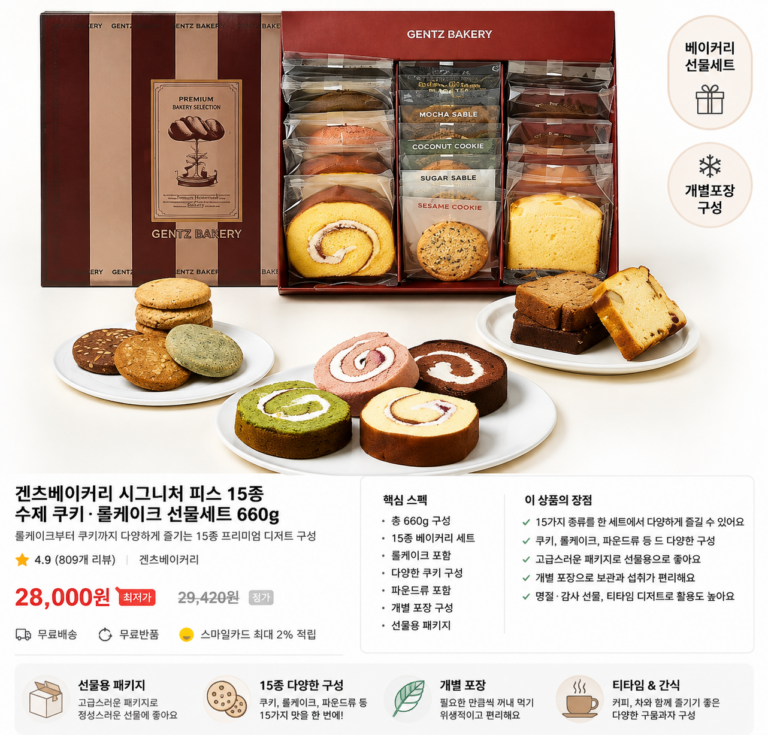 겐츠베이커리 시그니처 피스 15종 수제 쿠키·롤케이크 선물세트 660g