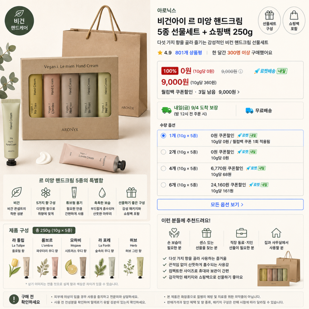 [추석 명절] 아로닉스 비건아이 르 미앙 핸드크림 5종 선물세트 + 쇼핑백 250g 제품 이미지