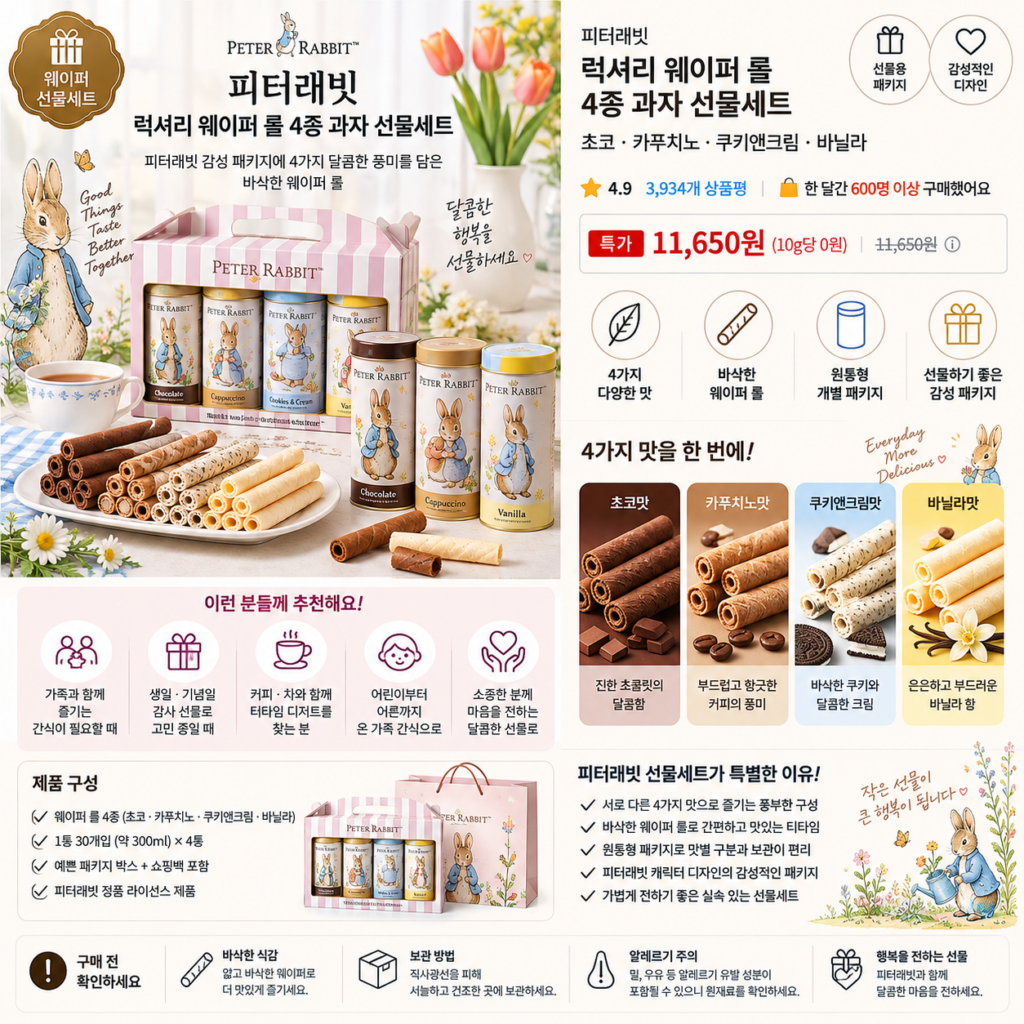 [추석 명절] 피터래빗 럭셔리 웨이퍼 롤 4종 과자 선물세트 초코·카푸치노·쿠키앤크림·바닐라 제품 이미지