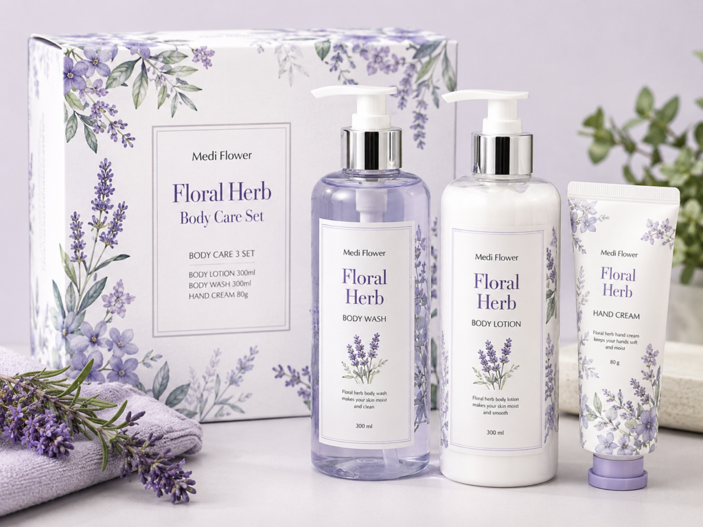 [추석 선물세트] 메디플라워 플로럴 허브 바디케어 세트 바디로션 300ml + 워시 300ml + 핸드크림 80g 제품 이미지