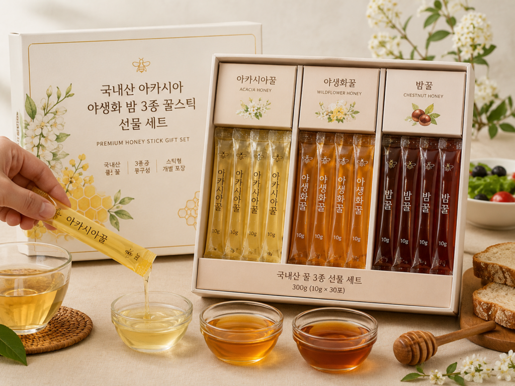 국내산 아카시아 야생화 밤꿀 3종 꿀스틱 추석 명절 선물세트 300g 30포 제품 이미지
