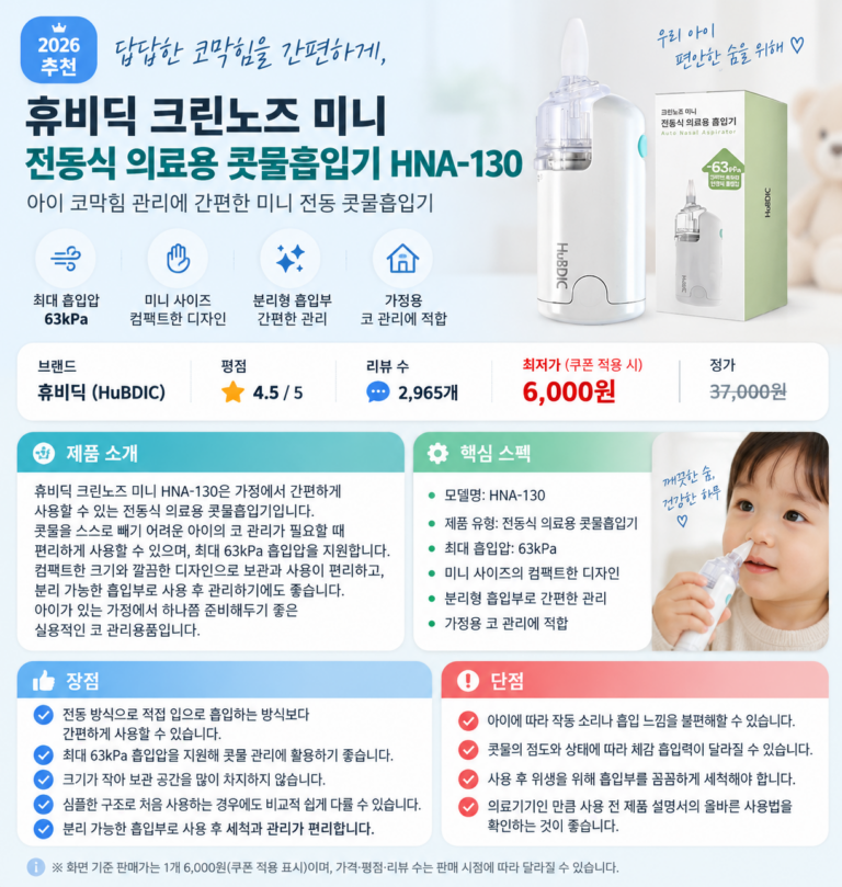 답답한 코막힘을 간편하게, 휴비딕 크린노즈 미니 전동식 의료용 콧물흡입기 HNA-130 육아 필수템