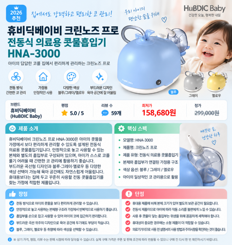 집에서도 강력하고 편리한 코 관리, 휴비딕베이비 크린노즈 프로 전동식 의료용 콧물흡입기 HNA-3000 육아필수템