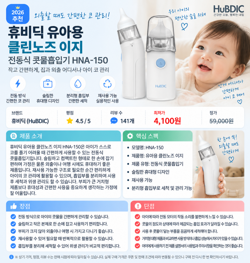 외출할 때도 간편한 코 관리, 휴비딕 유아용 클린노즈 이지 전동식 콧물흡입기 HNA-150 육아필수템 제품 이미지