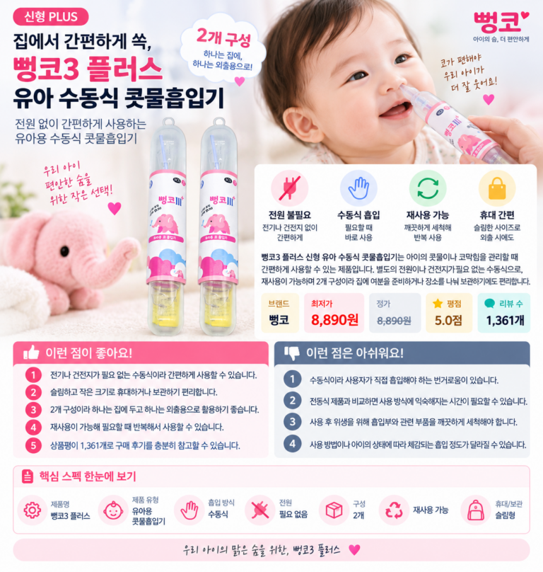 집에서 간편하게 쏙, 뻥코3 플러스 신형 유아 수동식 콧물흡입기 2개