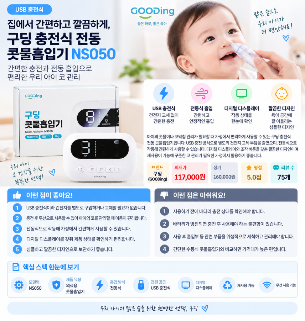 집에서 간편하고 깔끔하게, 구딩 충전식 전동 콧물흡입기 NS050 육아 필수템 제품 이미지
