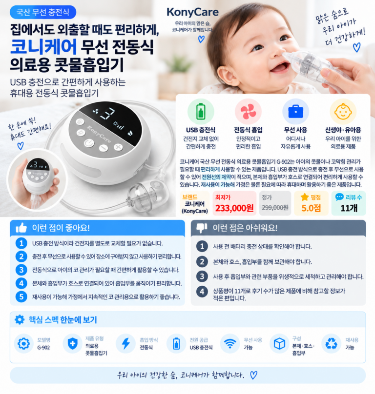 집에서도 외출할 때도 편리하게, 코니케어 국산 무선 전동식 의료용 콧물흡입기