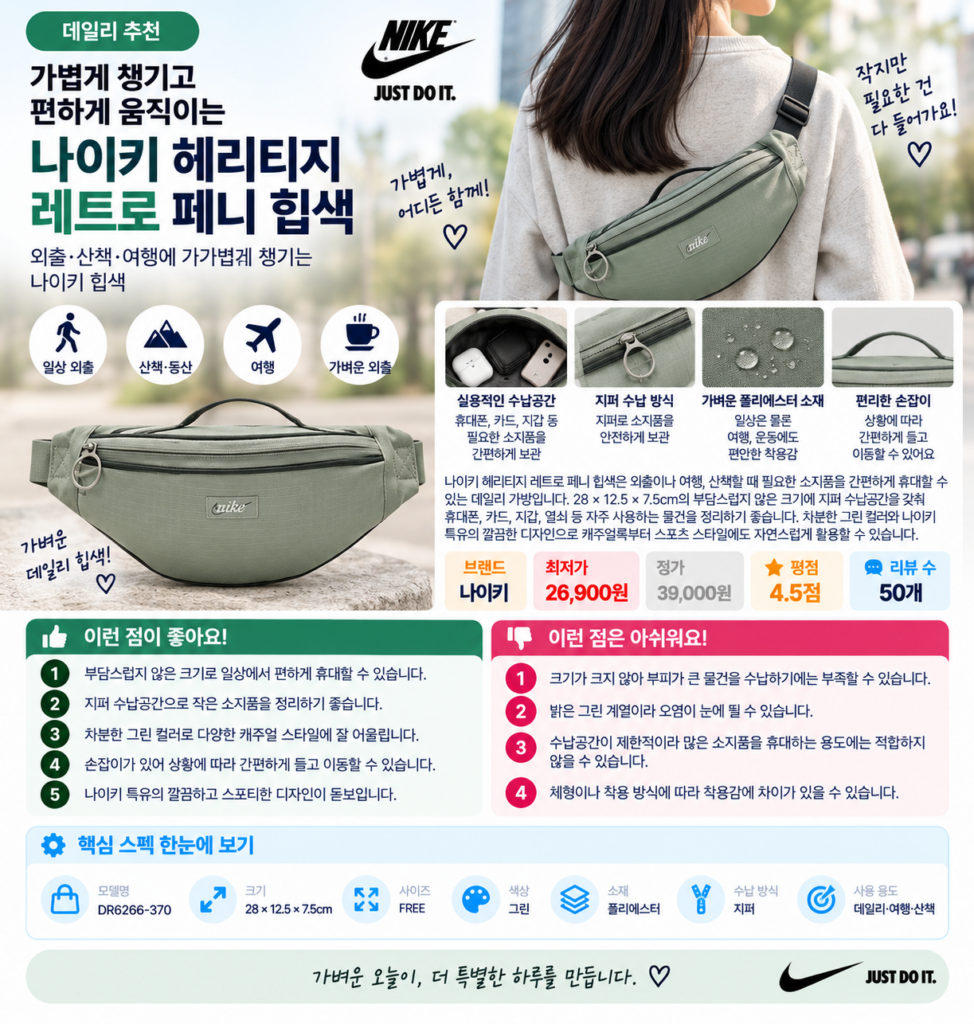 가볍게 챙기고 편하게 움직이는 나이키 헤리티지 레트로 페니 힙색 제품 이미지