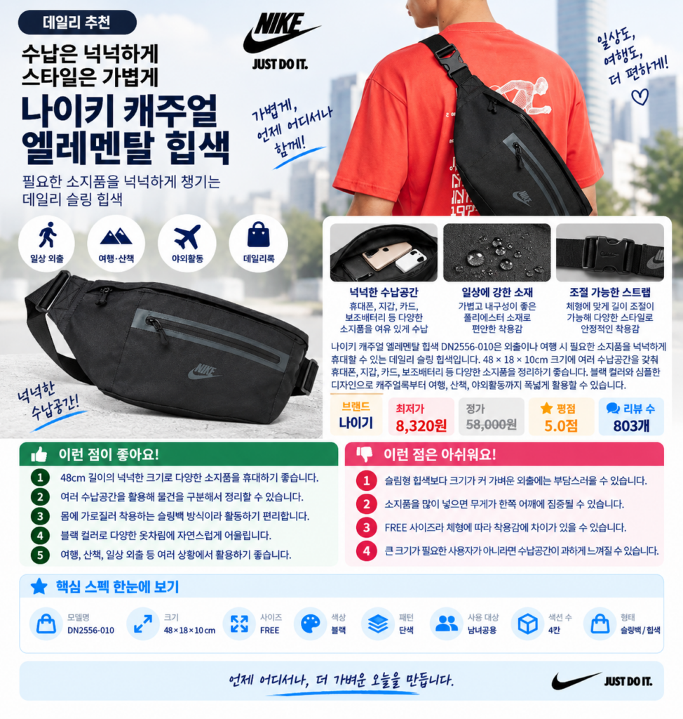 수납은 넉넉하게 스타일은 가볍게, 나이키 캐주얼 엘레멘탈 힙색 제품 이미지
