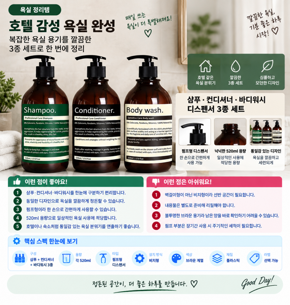 호텔 감성 욕실 완성, 샴푸·컨디셔너·바디워시 디스펜서 3종 세트 제품 이미지
