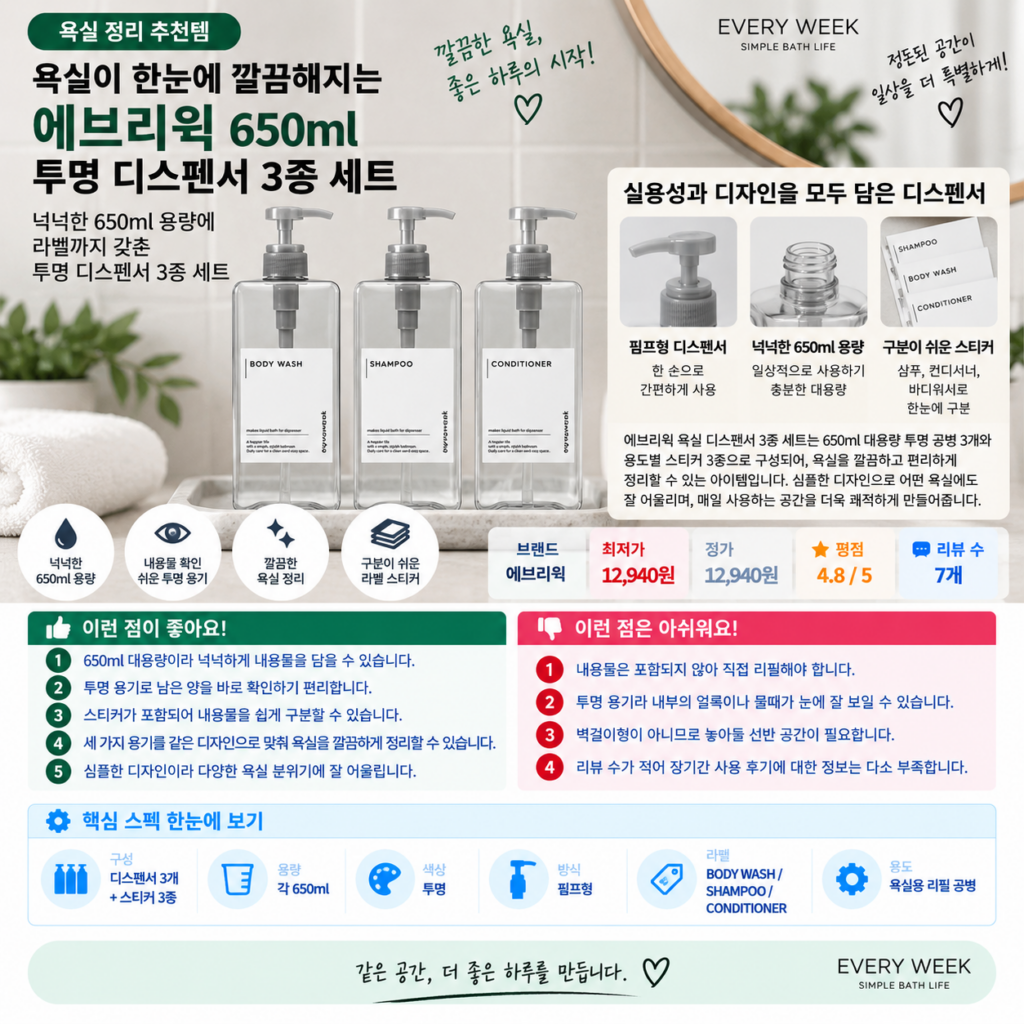 욕실이 한눈에 깔끔해지는 에브리윅 650ml 투명 디스펜서 3종 세트 제품 이미지