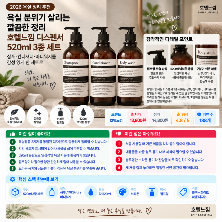 욕실 분위기 살리는 깔끔한 정리, 호텔느낌 디스펜서 520ml 3종 세트