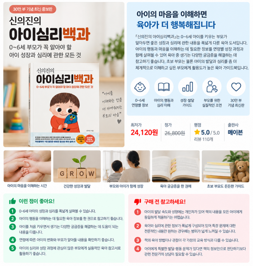 아이 성장의 궁금증을 한 권에, 신의진의 아이심리백과 0~6세 부모 필독서 제품 이미지