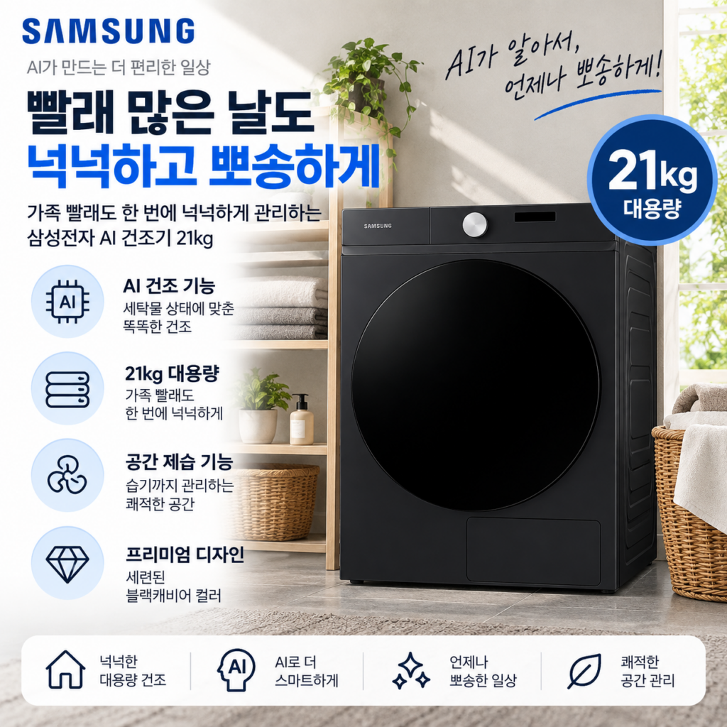 빨래 많은 날도 넉넉하고 뽀송하게, 삼성전자 AI 건조기 21kg 제품 이미지