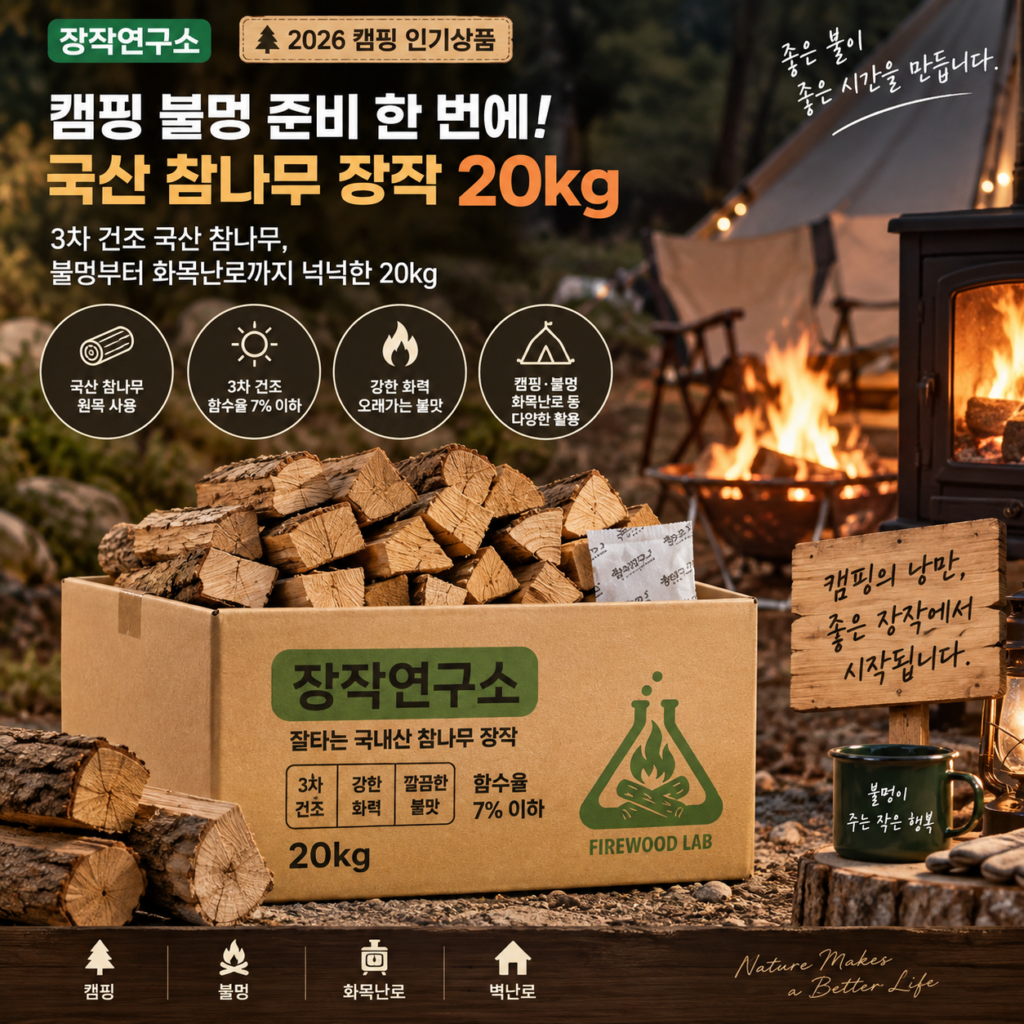 캠핑 불멍 준비 한 번에, 장작연구소 국산 참나무 장작 20kg 제품 이미지