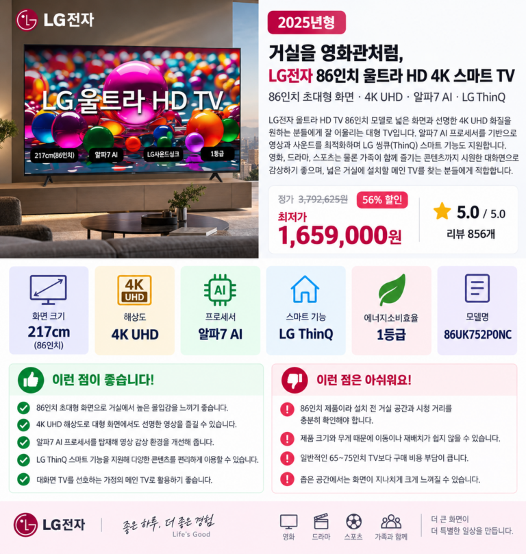 거실을 영화관처럼, LG전자 86인치 울트라 HD 4K 스마트 TV