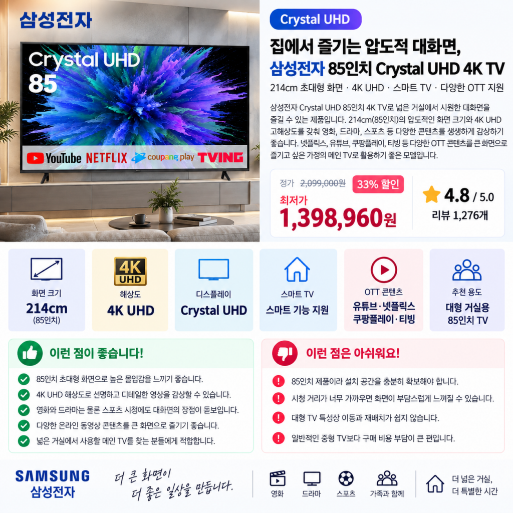 집에서 즐기는 압도적 대화면, 삼성전자 85인치 Crystal UHD 4K TV 제품 이미지