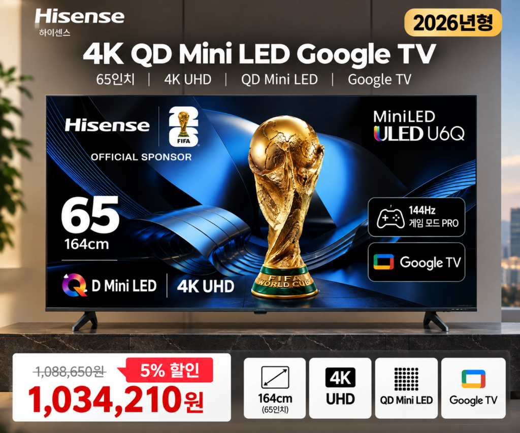 영화부터 스포츠까지 선명하게, Hisense 65인치 4K QD Mini LED Google TV 제품 이미지