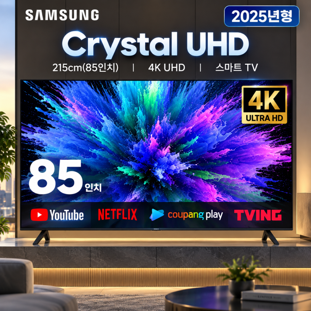 거실을 압도하는 대화면, 삼성전자 85인치 Crystal UHD 4K 스마트 TV 제품 이미지