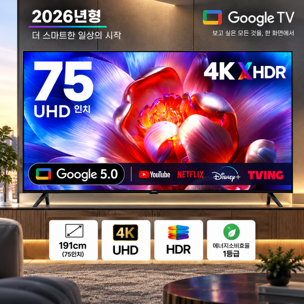 집에서 즐기는 압도적 몰입감, 2026년형 75인치 4K HDR 구글 스마트 TV 제품 이미지