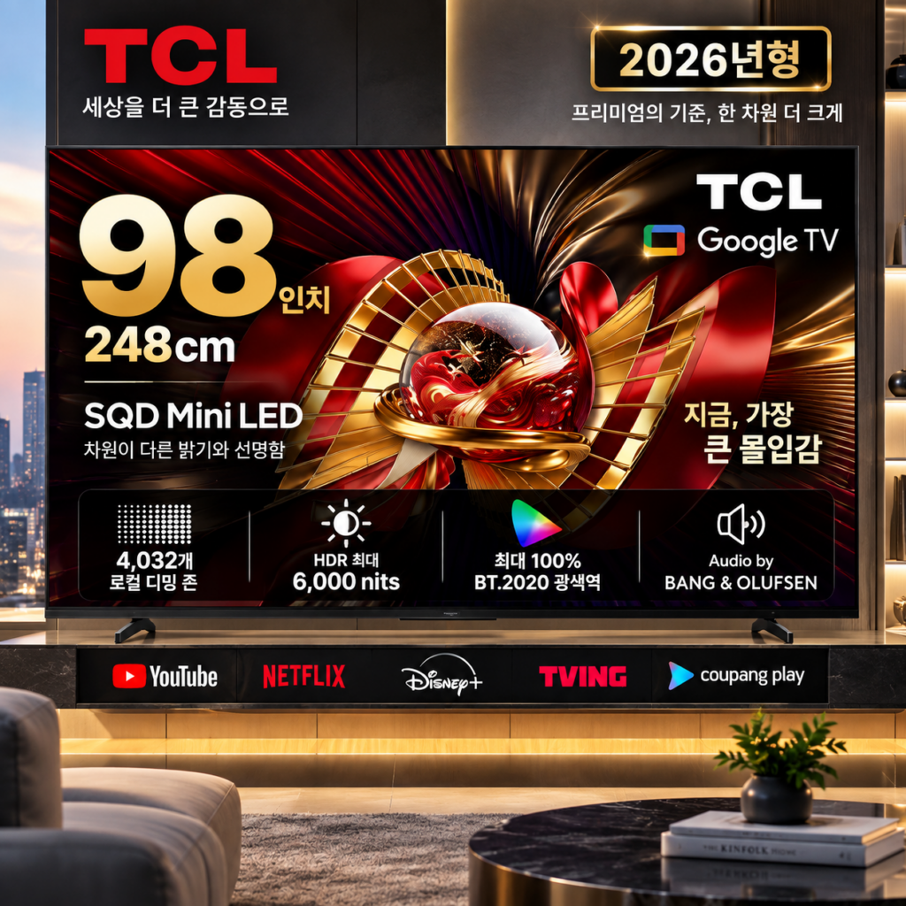 98인치가 만드는 압도적 몰입감, TCL 4K UHD Mini LED 프리미엄 SQD Google TV 제품 이미지