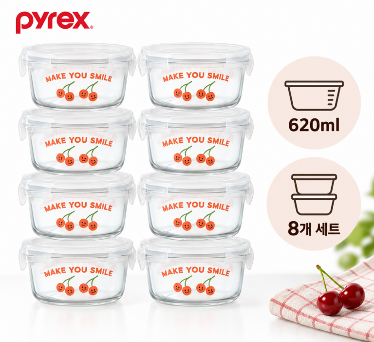 냉장고 정리 한 번에 깔끔하게, 파이렉스 스누피 밀폐용기 원형 620ml 8개 세트
