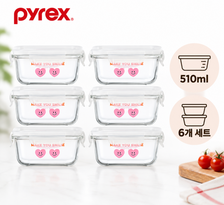 냉장고 정리가 한결 편해지는 깔끔한 선택, 파이렉스 스누피 내열유리 밀폐용기 510ml 6개 세트