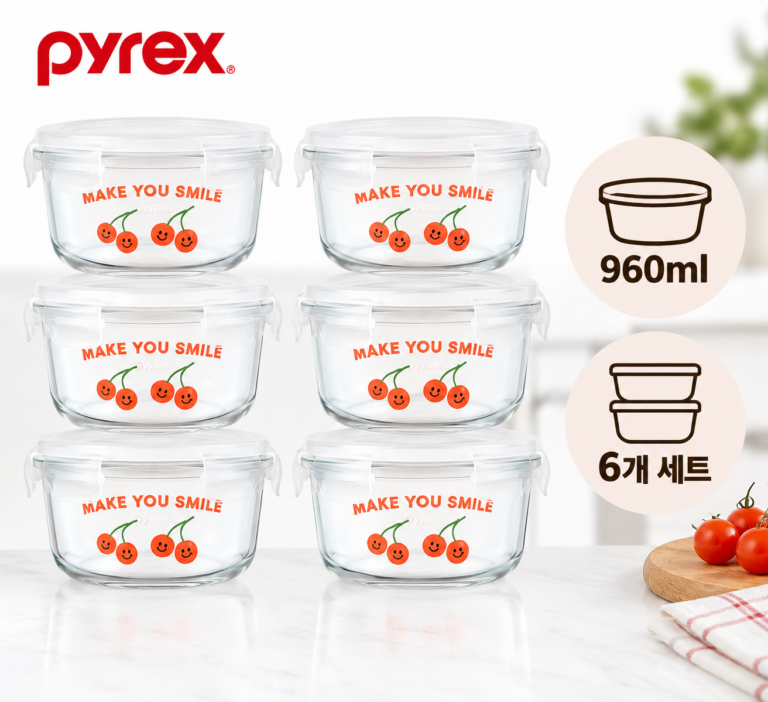 냉장고 정리부터 넉넉한 반찬보관까지, 파이렉스 스누피 밀폐용기 원형 960ml 6개 세트