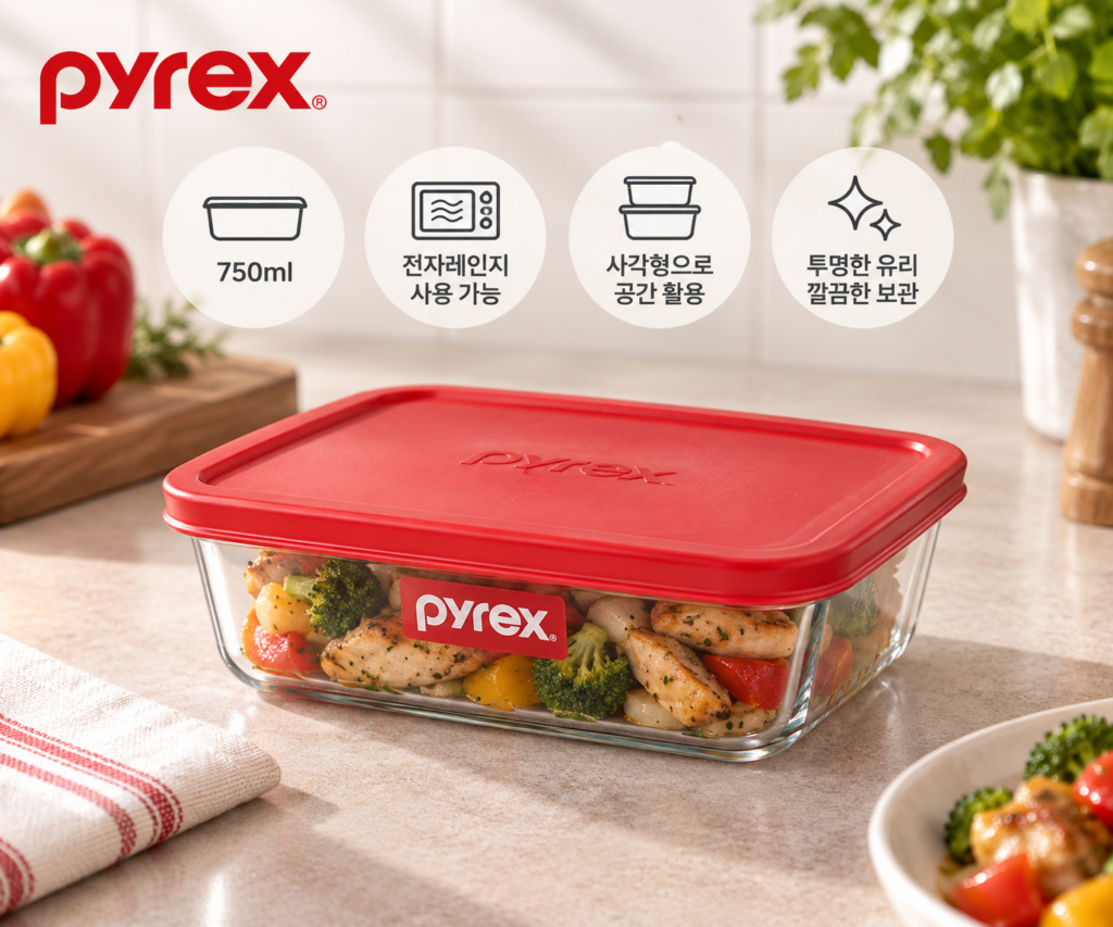 한 끼 보관부터 도시락까지 깔끔하게, 파이렉스 사각 유리 밀폐용기 750ml 반찬 수납 정리 제품 이미지