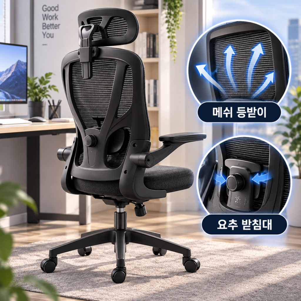 오래 앉는 업무도 허리 부담 덜게, 요추 받침대가 편안한 Xpanse W902 메쉬 사무용 게임용 의자 제품 이미지