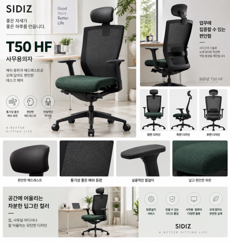 오래 앉는 업무도 편안하게, 시디즈 T50 HF 헤드레스트 메쉬 사무용 업무용 의자 추천