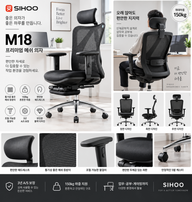 오래 앉는 업무도 든든하고 편안하게, SIHOO M18 150kg 메쉬 사무용 게임전용 의자