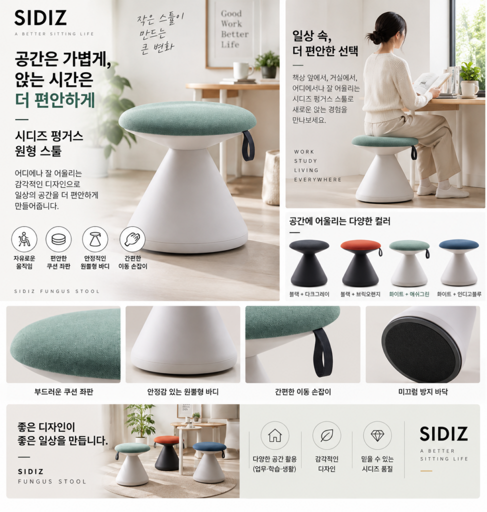 공간은 가볍게, 앉는 시간은 편안하게 시디즈 펑거스 원형 스툴 애쉬그린 귀염 포인트 제품 이미지