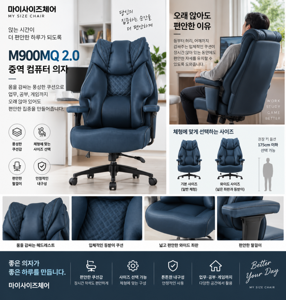 하루 종일 앉아도 포근하게, 마이사이즈체어 M900MQ 2.0 중역 컴퓨터 전문가용 하이엔드 의자 제품 이미지