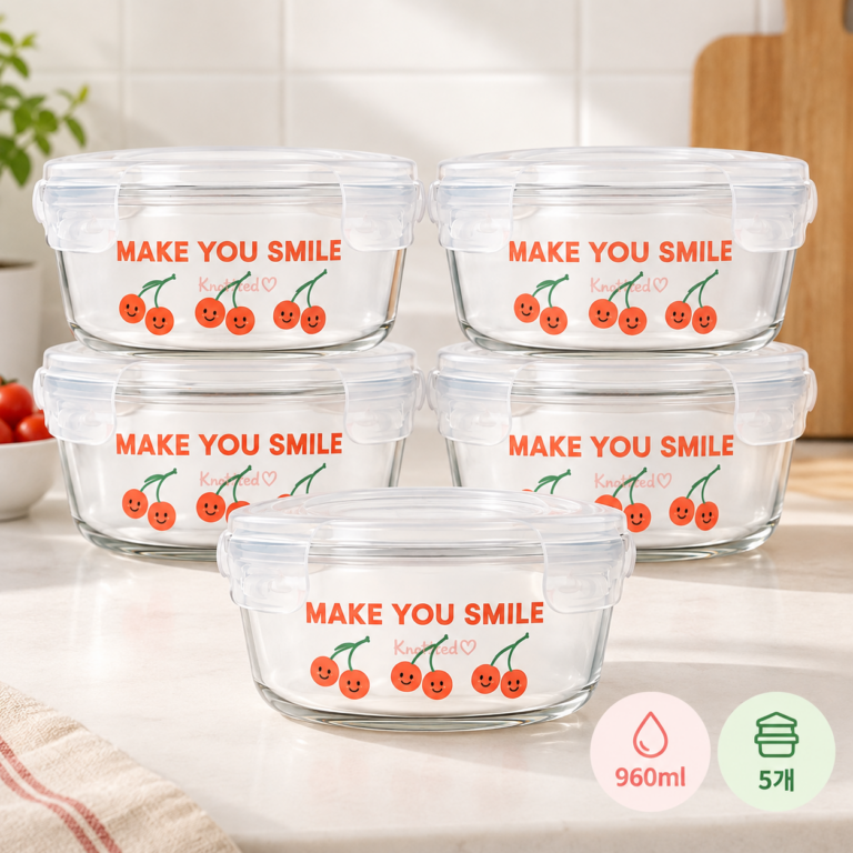 냉장고 수납 정리 깔끔하게 파이렉스 노티드2 원형 밀폐용기 960ml 4면결착 5개 세트