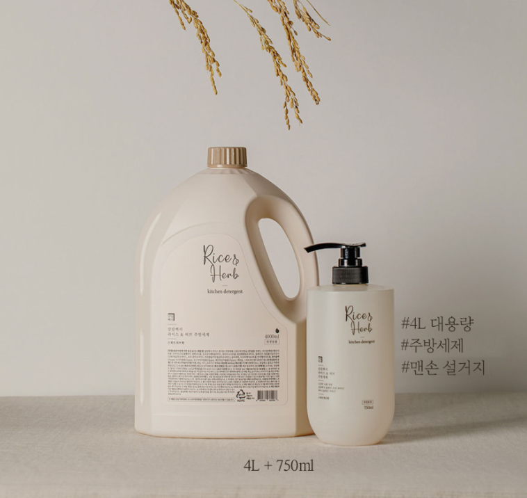 살림백서 대용량 주방세제 라이스&허브 4L+750ml 설거지 리필 세트 과일세척 리필형