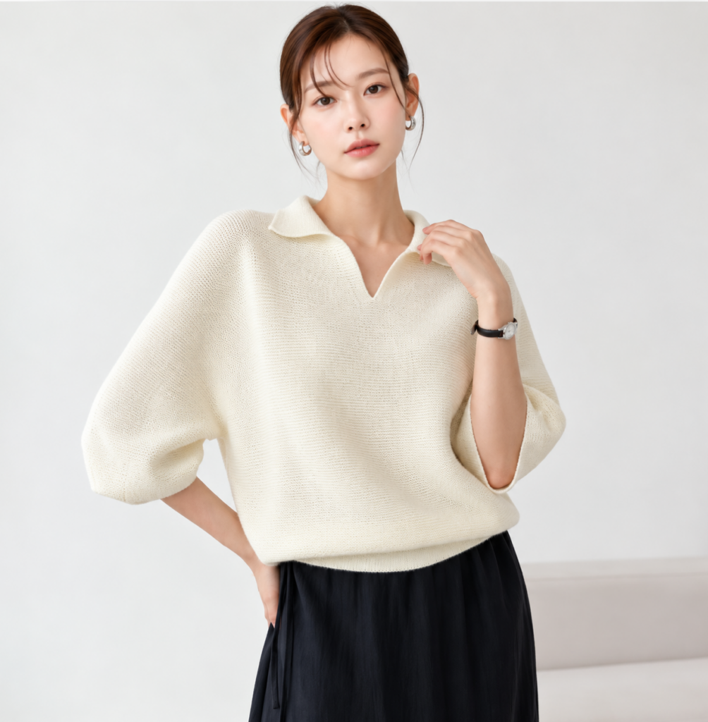 니트벨르 카라 브이넥 5부 루즈핏 여성 니트 가을 간절기 울 혼방 돌먼 소매 제품 이미지