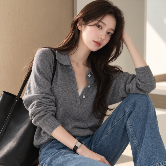 브로브 딥헨리넥 카라 루즈핏 긴팔 니트 5col 가을 봄 반오픈 울 오버핏 제이플로우