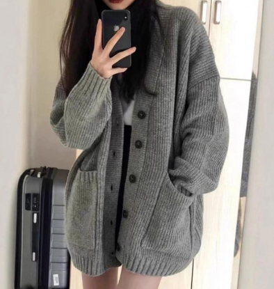 여성 여리여리 무드 루즈 오버핏 니트 가디건 빅포켓 롱