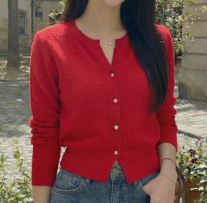 화사한 레드 브이넥 데일리 니트 가디건