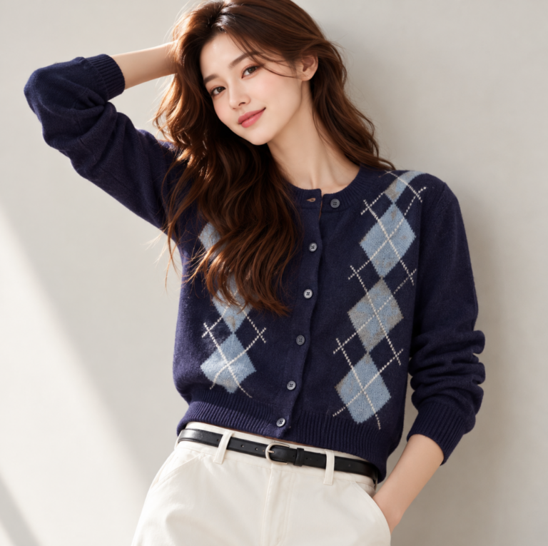 아티드 여성 캐시미어 아가일 가디건 ATD3CD83