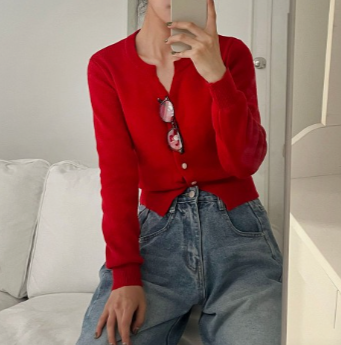 홈가먼트가디건 캐시미어 크롭 레이어드가디건 레드, FREE(One size)