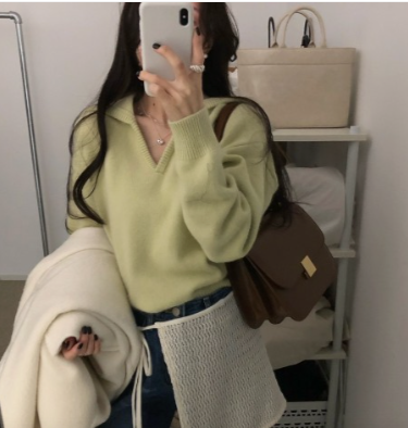 나더 여성 겨울 캐시미어 브이넥 오픈카라 오버핏 루즈핏 긴팔 니트