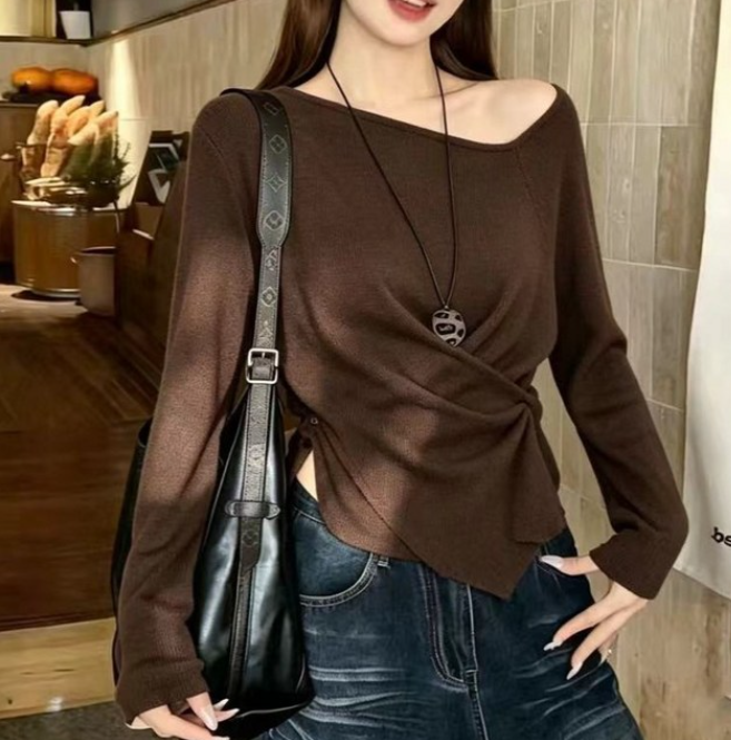 야오야오 원숄더 랩 드레이프 버튼 긴팔 니트