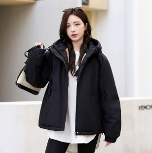 JUV 여성 후드 루즈핏 숏자켓 방풍 방오 패딩 편안한 오버핏 세련된 데일리룩 연예인 추천