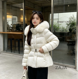 ZAJA 여성 루즈핏 후드 패딩점퍼 벨트 허리조절 빅카라 디자인 아우터(후드 탈부착) 우아한 겨울코디 슬림한 실루엣 연예인 추천